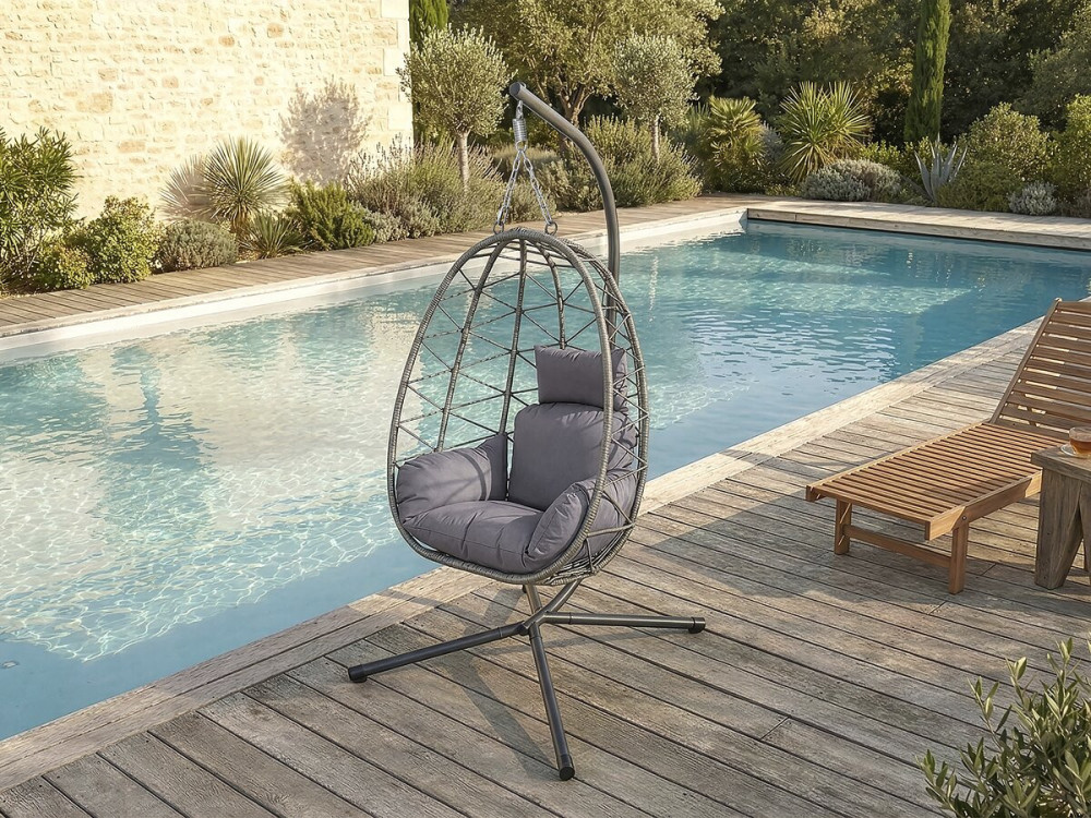 Silla huevo de ratán "Cosi" - 99 x 92 x 194 cm - Gris
