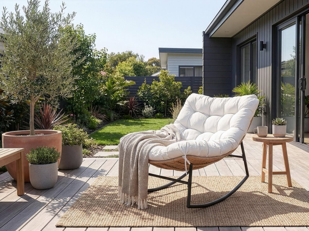 Silla mecedora "Papaya" con cojín para interior/exterior - Beige