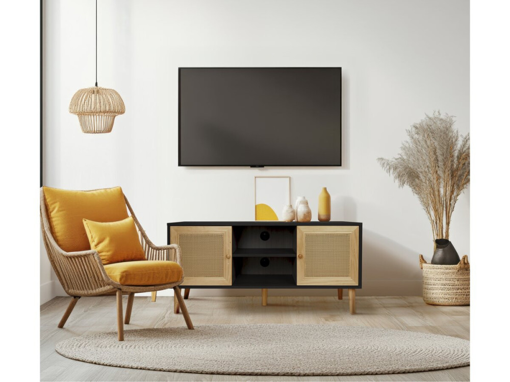 Mueble TV de caña escandinavo "Iguana" - 120 x 30 x 56,5 cm - Negro