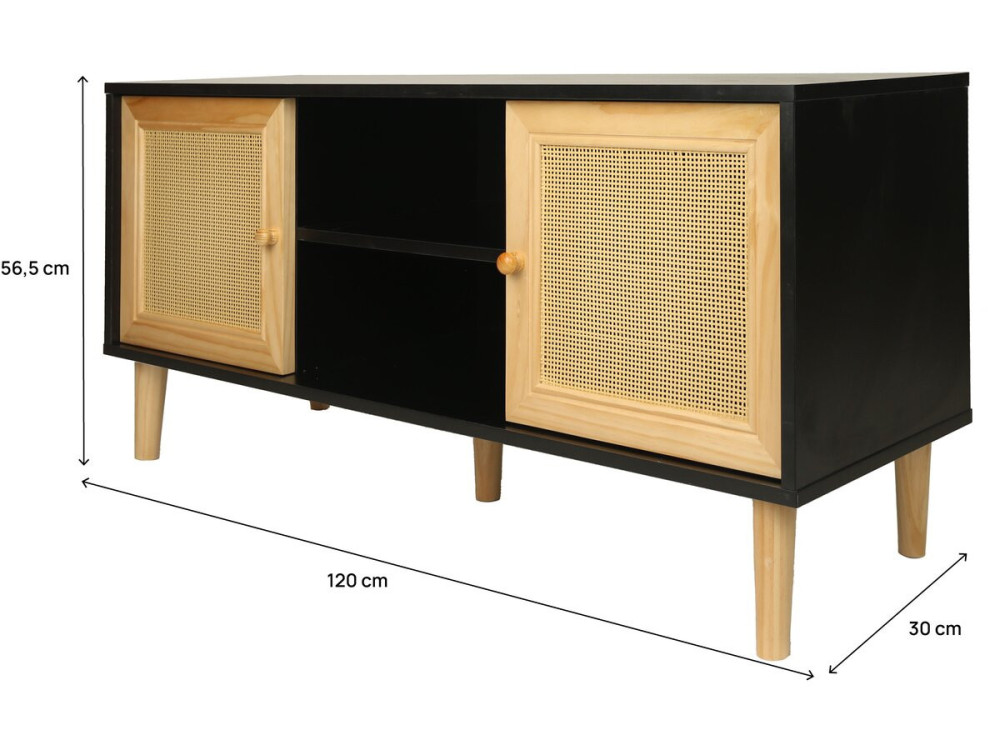 Mueble TV de caña escandinavo "Iguana" - 120 x 30 x 56,5 cm - Negro