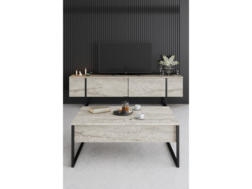 Soporte de TV de madera "Luxe" - 180 x 30 x 50 cm - TravertinoNegro