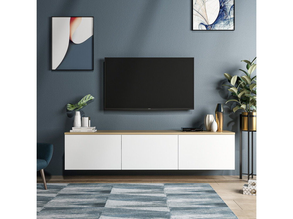 Soporte de TV de madera "Neon" - 160 x 32 x 35 cm - Roble blanco
