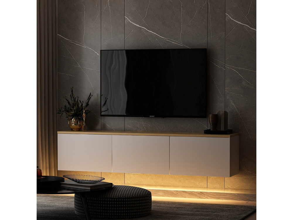 Mueble TV suspendido de madera "Neon" con iluminación LED - 160 x 32 x 35 cm - Blanco