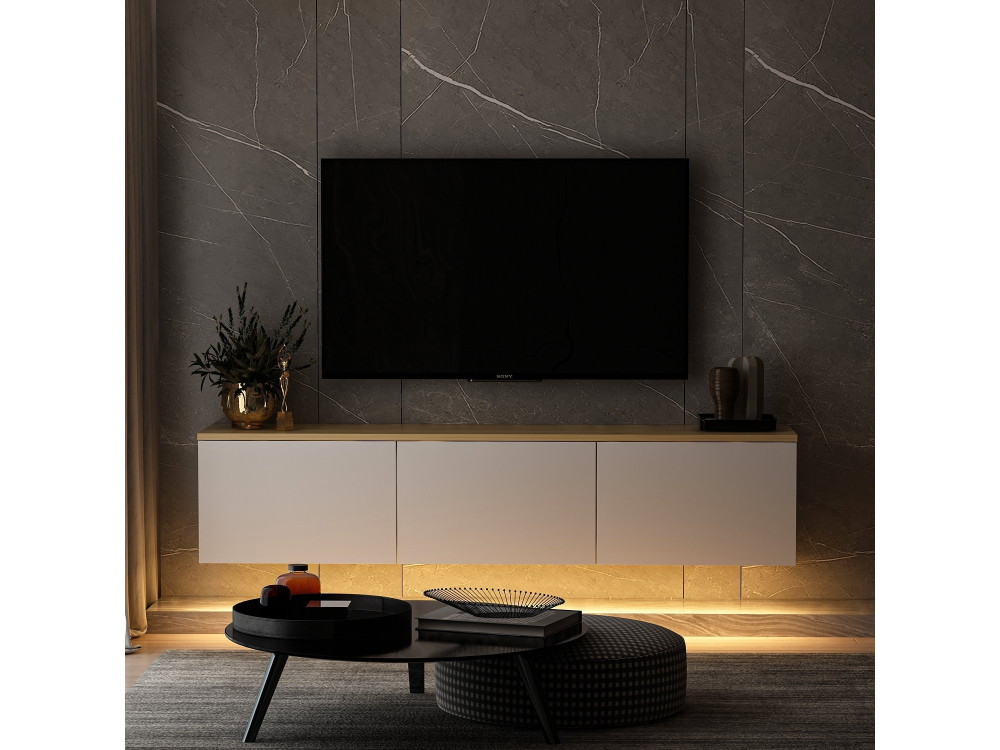 Mueble TV suspendido de madera "Neon" con iluminación LED - 160 x 32 x 35 cm - Blanco