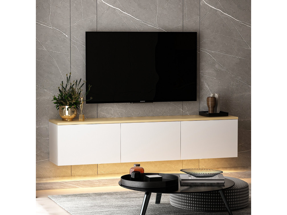 Mueble TV suspendido de madera "Neon" con iluminación LED - 160 x 32 x 35 cm - Blanco