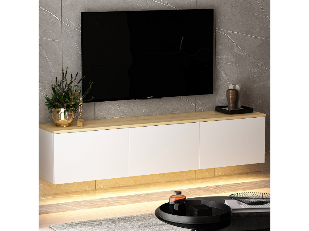 Mueble TV suspendido de madera "Neon" con iluminación LED - 160 x 32 x 35 cm - Blanco