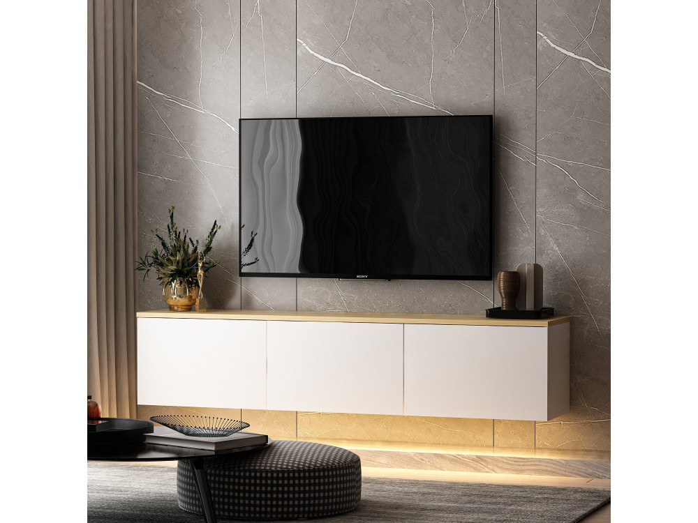 Mueble TV suspendido de madera "Neon" con iluminación LED - 160 x 32 x 35 cm - Blanco