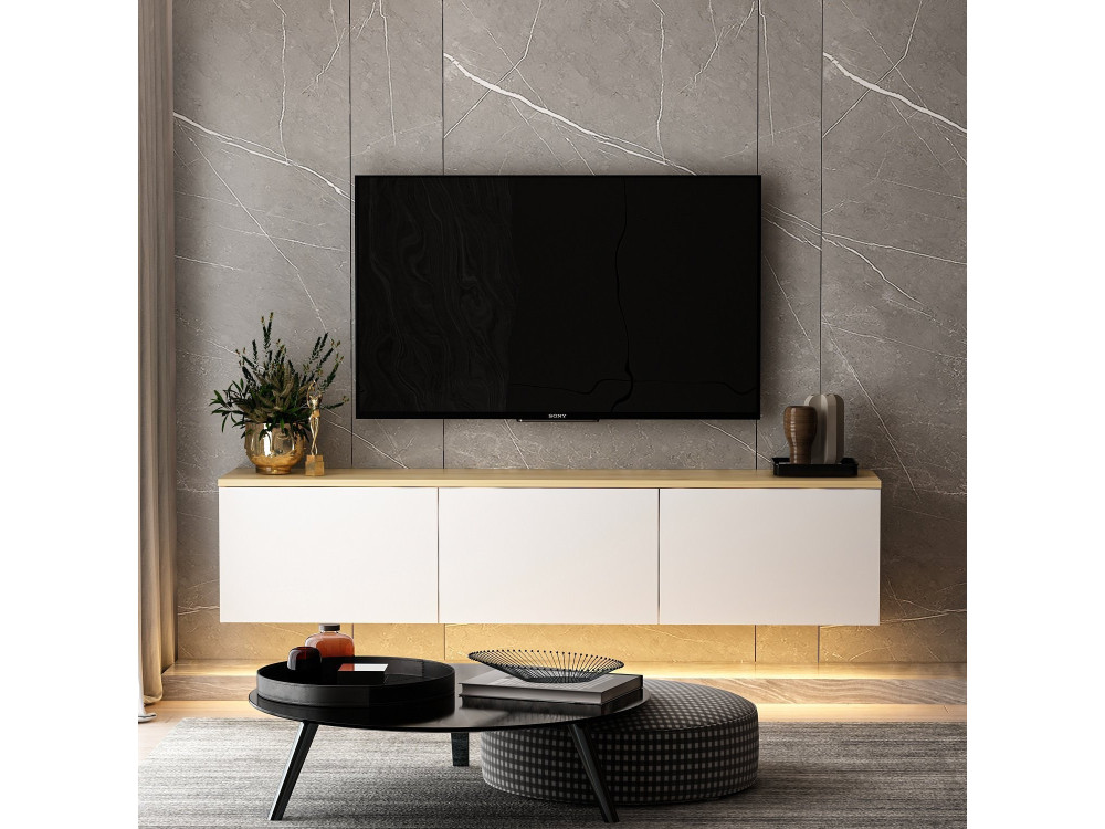 Mueble TV suspendido de madera "Neon" con iluminación LED - 160 x 32 x 35 cm - Blanco