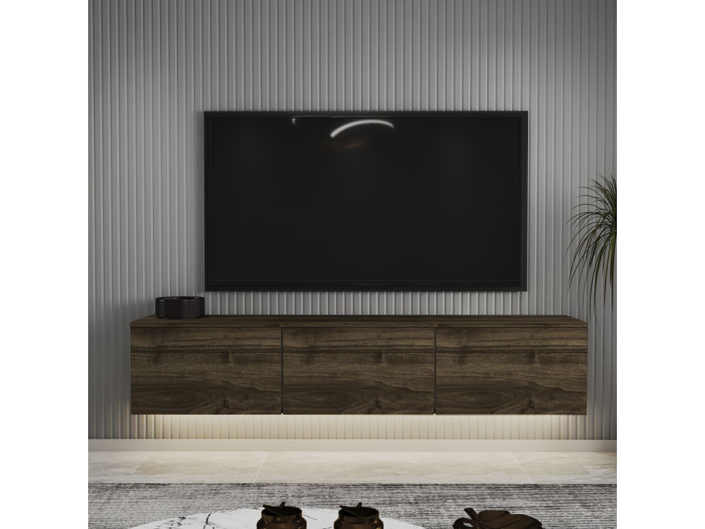 Mueble TV suspendido de madera "Neon" con iluminación LED - 160 x 32 x 35 cm - Marrón oscuro