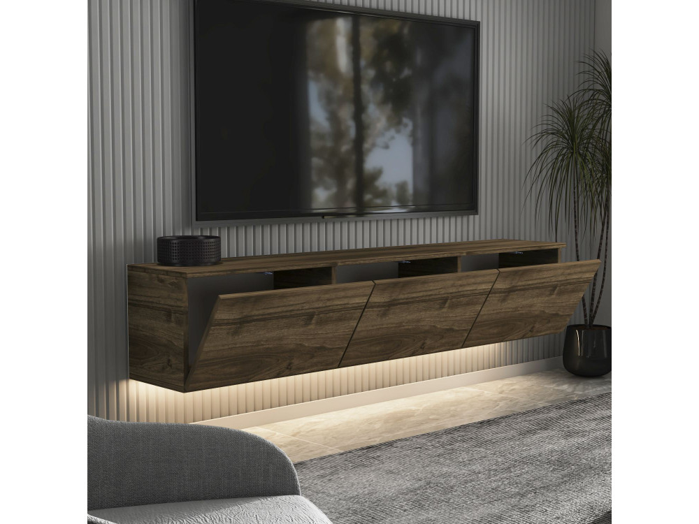 Mueble TV suspendido de madera "Neon" con iluminación LED - 160 x 32 x 35 cm - Marrón oscuro