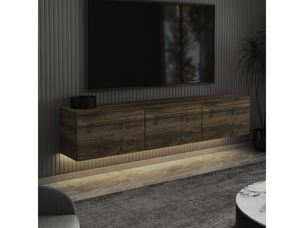 Mueble TV suspendido de madera "Neon" con iluminación LED - 160 x 32 x 35 cm - Marrón oscuro