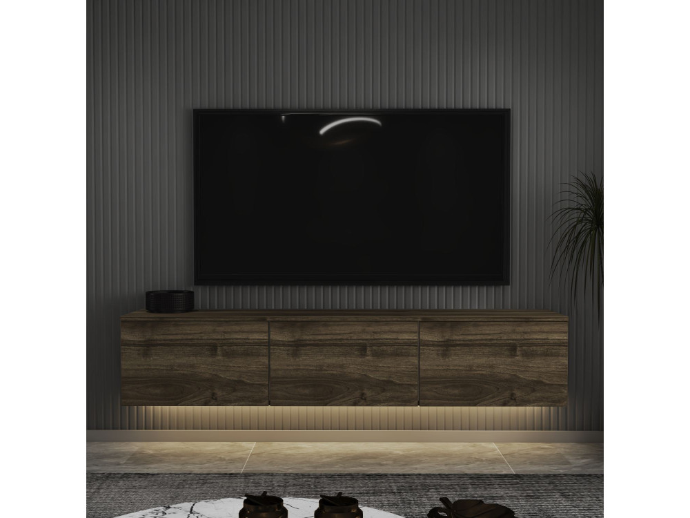 Mueble TV suspendido de madera "Neon" con iluminación LED - 160 x 32 x 35 cm - Marrón oscuro