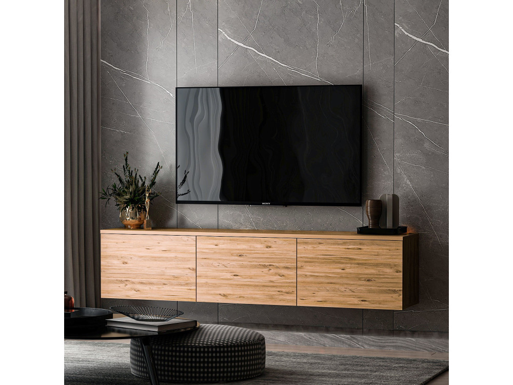 Soporte de TV de madera suspendido "Neon" con iluminación LED - 160 x 32 x 35 cm - Marrón claro