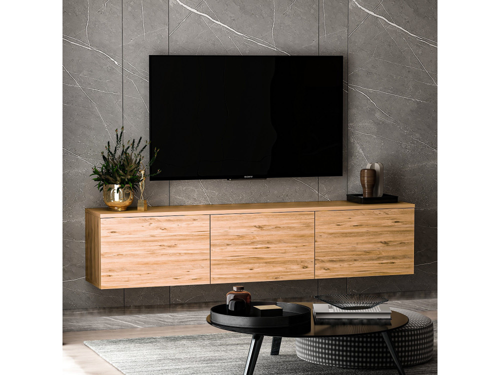 Soporte de TV de madera suspendido "Neon" con iluminación LED - 160 x 32 x 35 cm - Marrón claro
