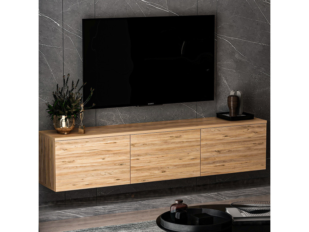 Soporte de TV de madera suspendido "Neon" con iluminación LED - 160 x 32 x 35 cm - Marrón claro