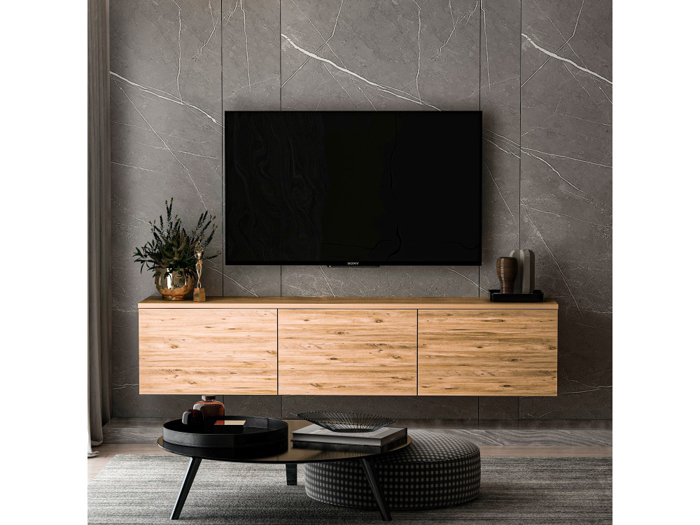 Soporte de TV de madera suspendido "Neon" con iluminación LED - 160 x 32 x 35 cm - Marrón claro