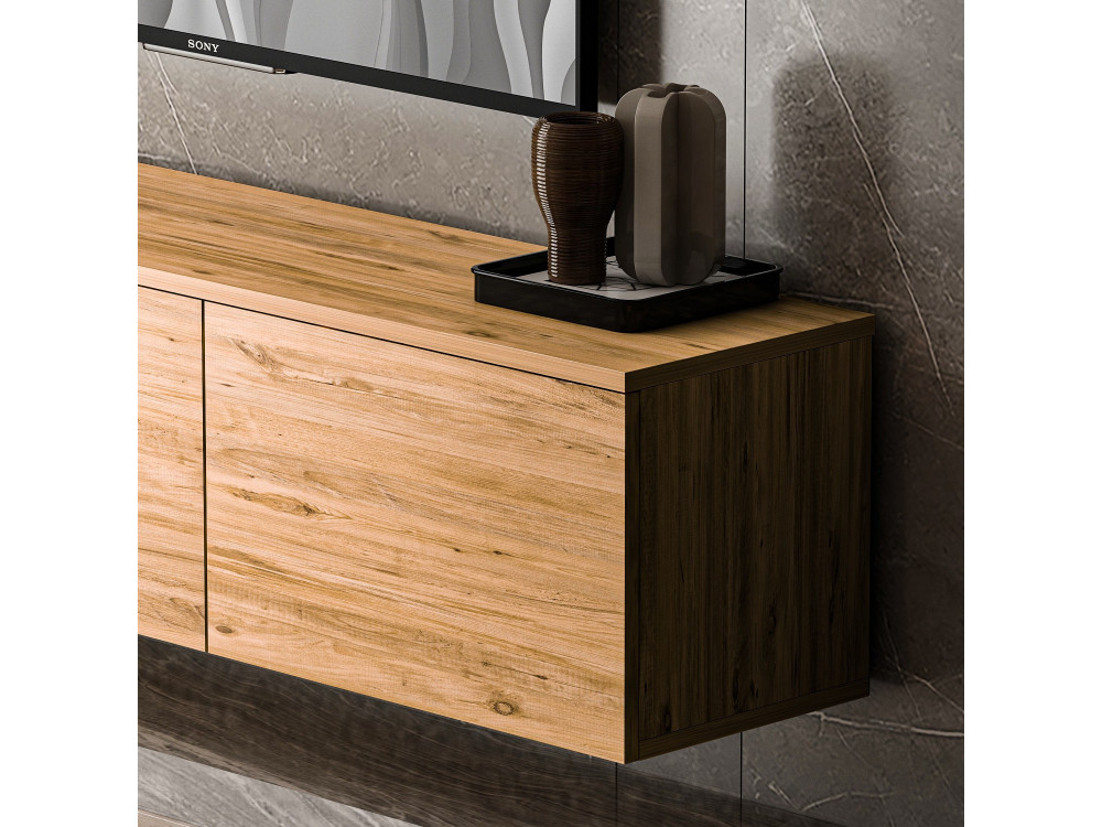 Soporte de TV de madera suspendido "Neon" con iluminación LED - 160 x 32 x 35 cm - Marrón claro