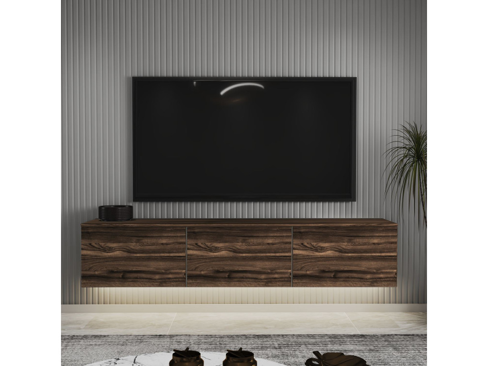 Soporte de TV de madera suspendido "Neon" con iluminación LED - 160 x 32 x 35 cm - Marrón