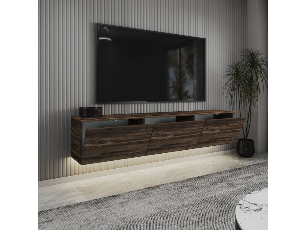 Soporte de TV de madera suspendido "Neon" con iluminación LED - 160 x 32 x 35 cm - Marrón