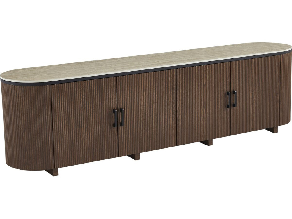 Mueble TV oval "Portofino" de madera y cerámica - 200 x 40 x 55 cm - Marrón