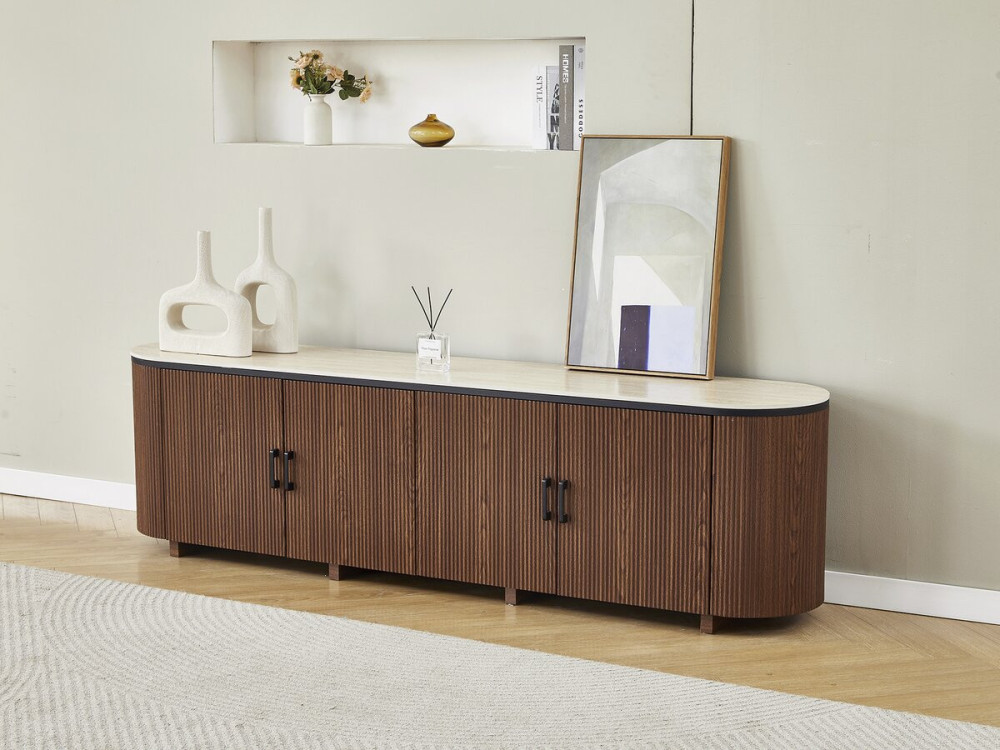 Mueble TV oval "Portofino" de madera y cerámica - 200 x 40 x 55 cm - Marrón