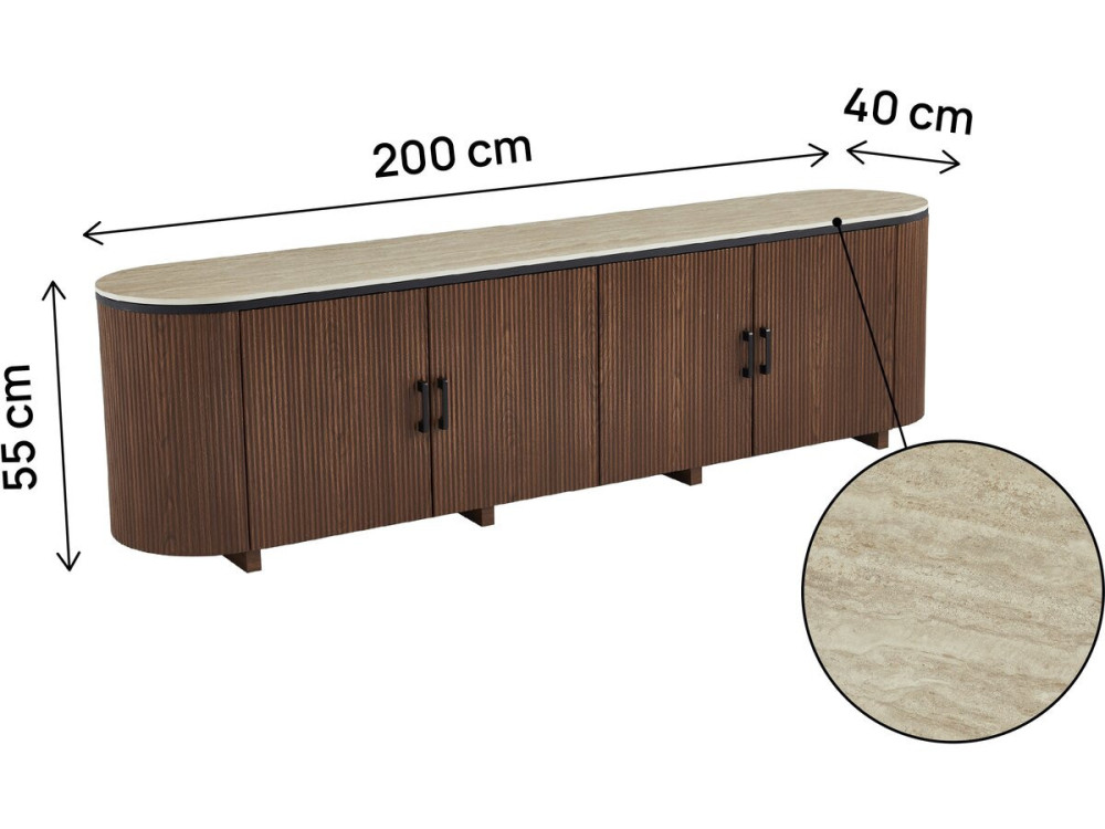 Mueble TV oval "Portofino" de madera y cerámica - 200 x 40 x 55 cm - Marrón