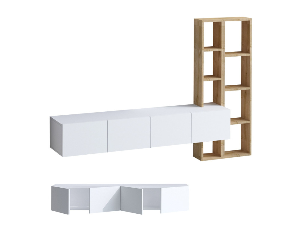 Soporte de TV de madera "Pana" - 182 x 32 x 25 cm - Blanco, Roble