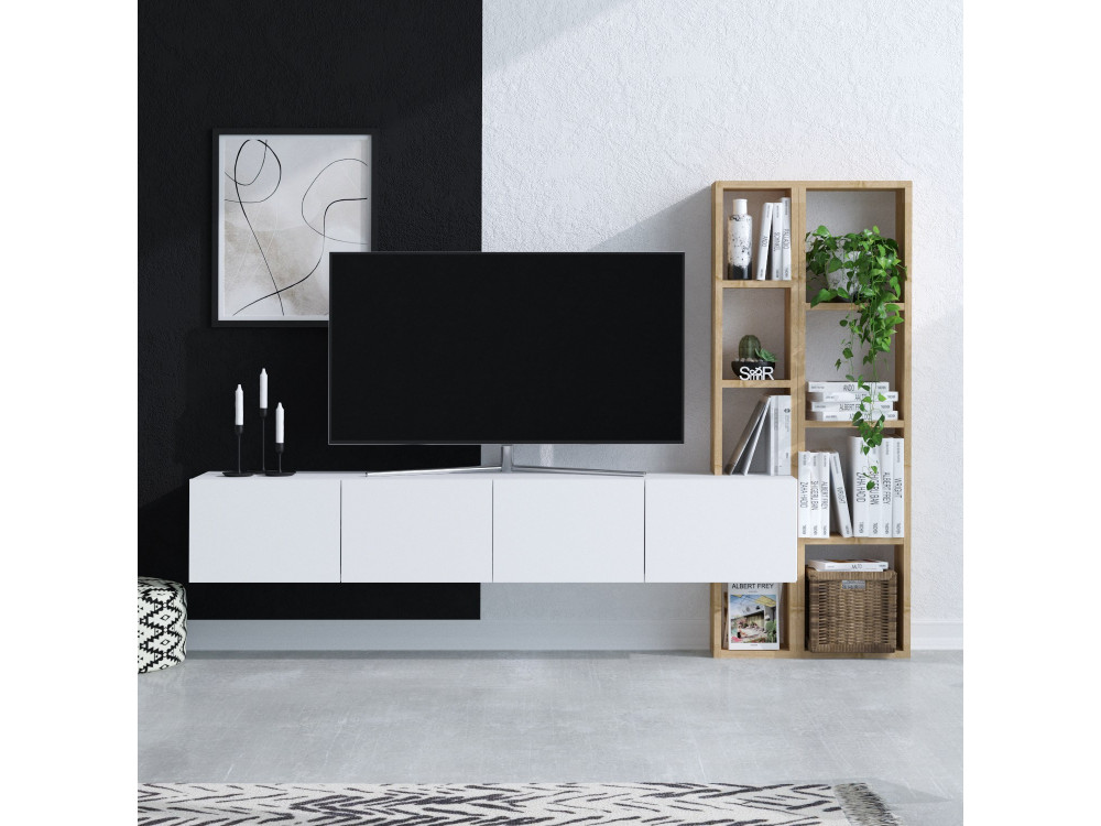 Soporte de TV de madera "Pana" - 182 x 32 x 25 cm - Blanco, Roble
