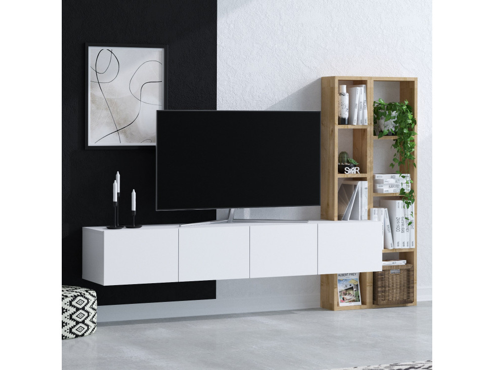 Soporte de TV de madera "Pana" - 182 x 32 x 25 cm - Blanco, Roble