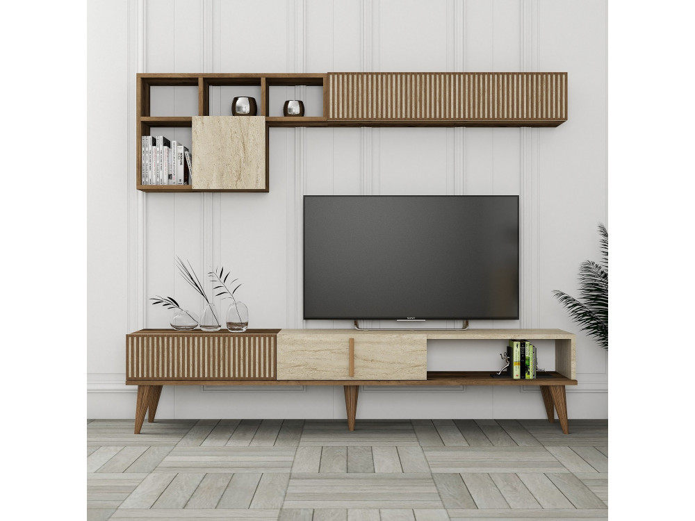 Soporte de TV de madera "Milan" - 180 x 35 x 40 cm - Nogal, Travertino