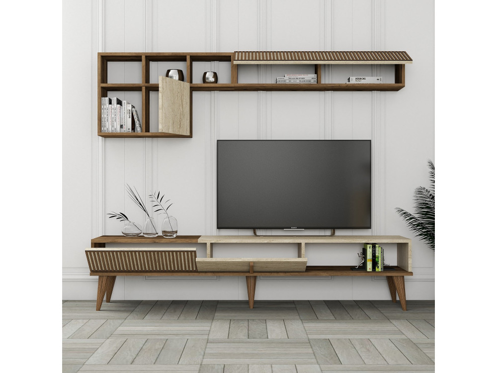 Soporte de TV de madera "Milan" - 180 x 35 x 40 cm - Nogal, Travertino