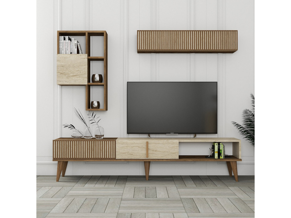 Soporte de TV de madera "Milan" - 180 x 35 x 40 cm - Nogal, Travertino