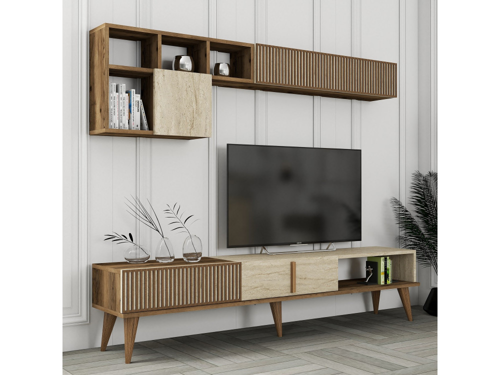 Soporte de TV de madera "Milan" - 180 x 35 x 40 cm - Nogal, Travertino