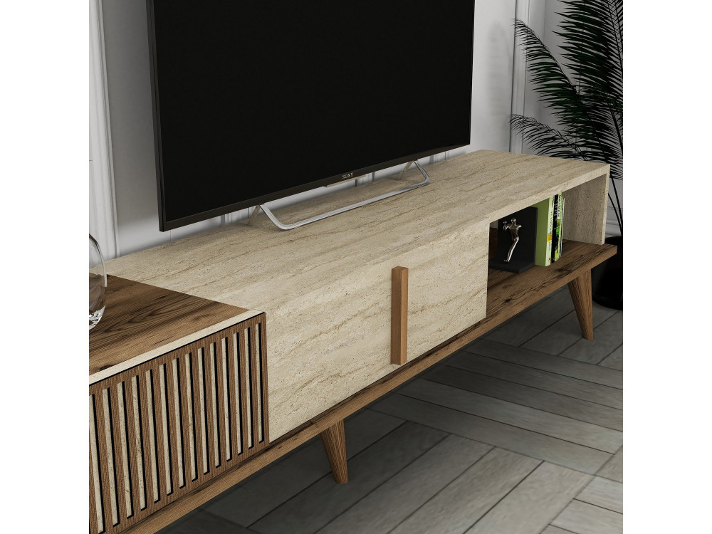 Soporte de TV de madera "Milan" - 180 x 35 x 40 cm - Nogal, Travertino