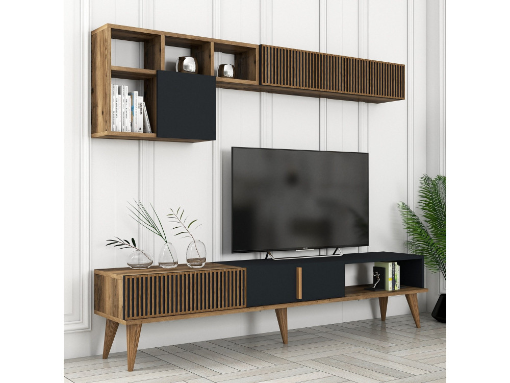 Soporte de TV de madera "Milan" - 180 x 35 x 40 cm - Nogal, Antracita
