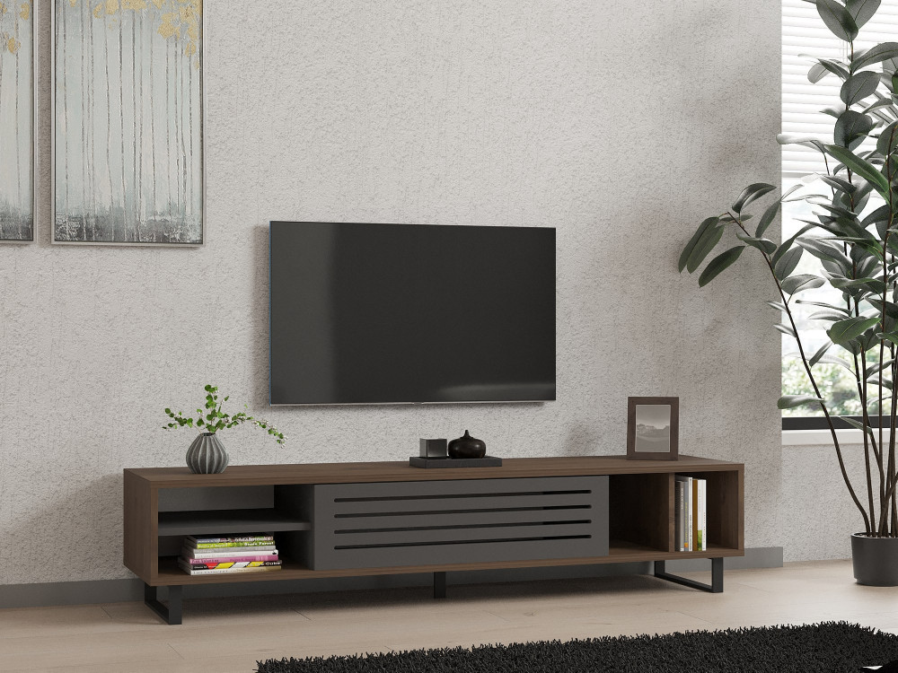 Soporte de TV de madera "Eray" - 160 x 40 x 35 cm - Nogal, Antracita
