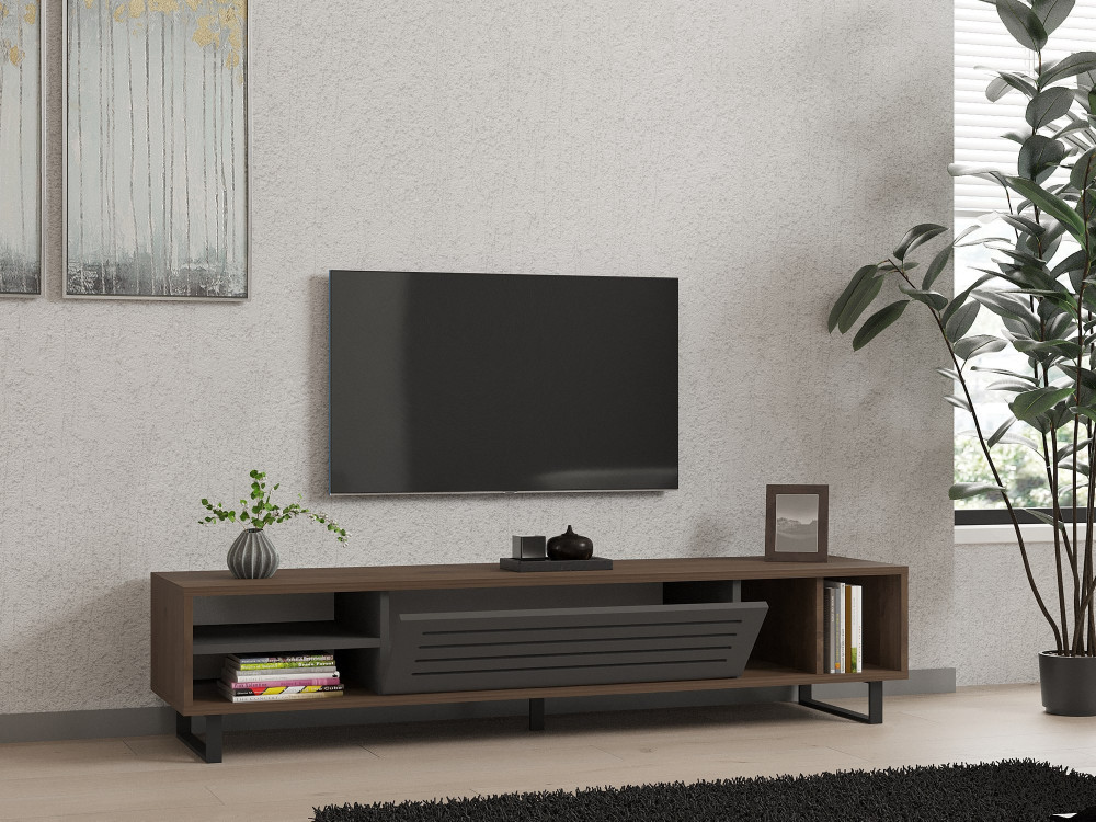 Soporte de TV de madera "Eray" - 160 x 40 x 35 cm - Nogal, Antracita