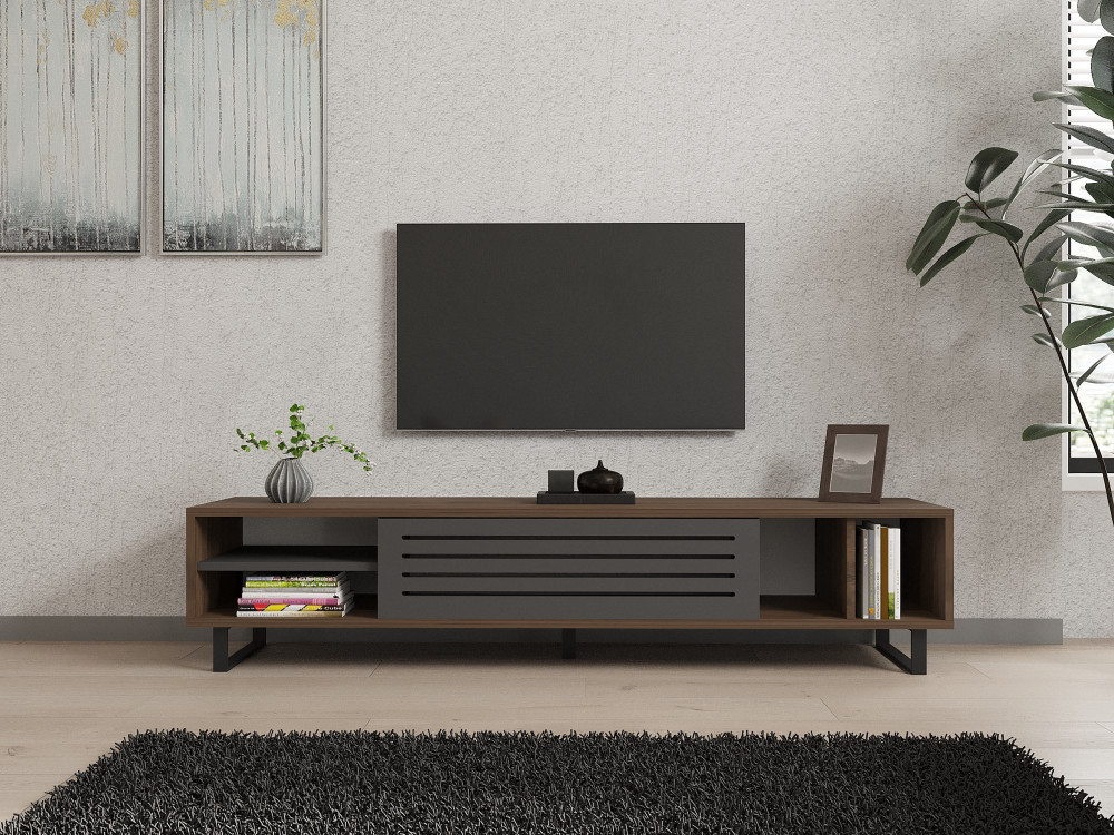 Soporte de TV de madera "Eray" - 160 x 40 x 35 cm - Nogal, Antracita
