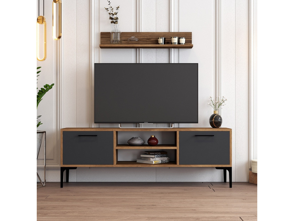 Soporte de TV de madera "Riga" - 140 x 30 x 48 cm - Nogal-Antracita