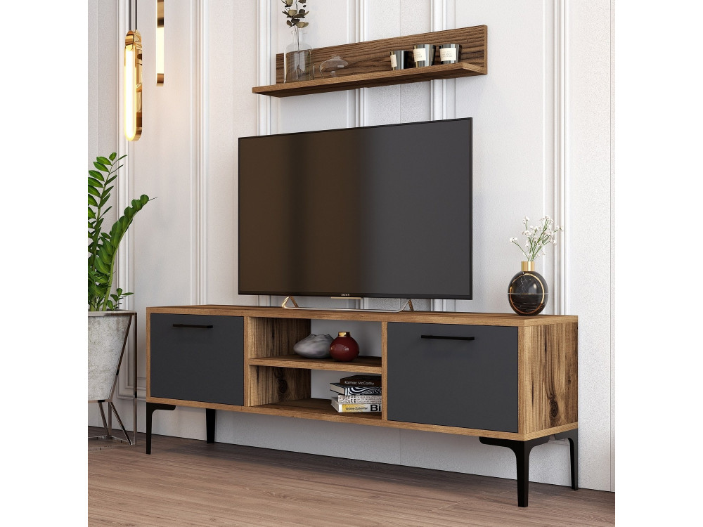 Soporte de TV de madera "Riga" - 140 x 30 x 48 cm - Nogal-Antracita