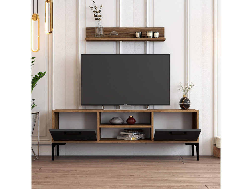 Soporte de TV de madera "Riga" - 140 x 30 x 48 cm - Nogal-Antracita