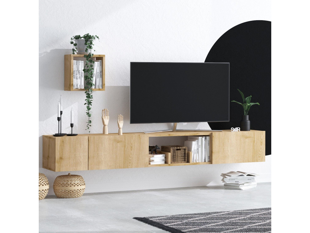 Soporte de TV de madera "Avior" con estante de pared - 180 x 32 x 25 cm - Beige