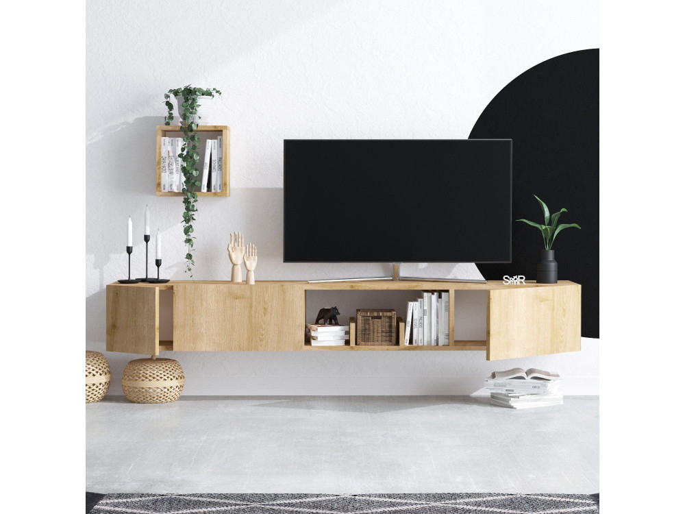 Soporte de TV de madera "Avior" con estante de pared - 180 x 32 x 25 cm - Beige