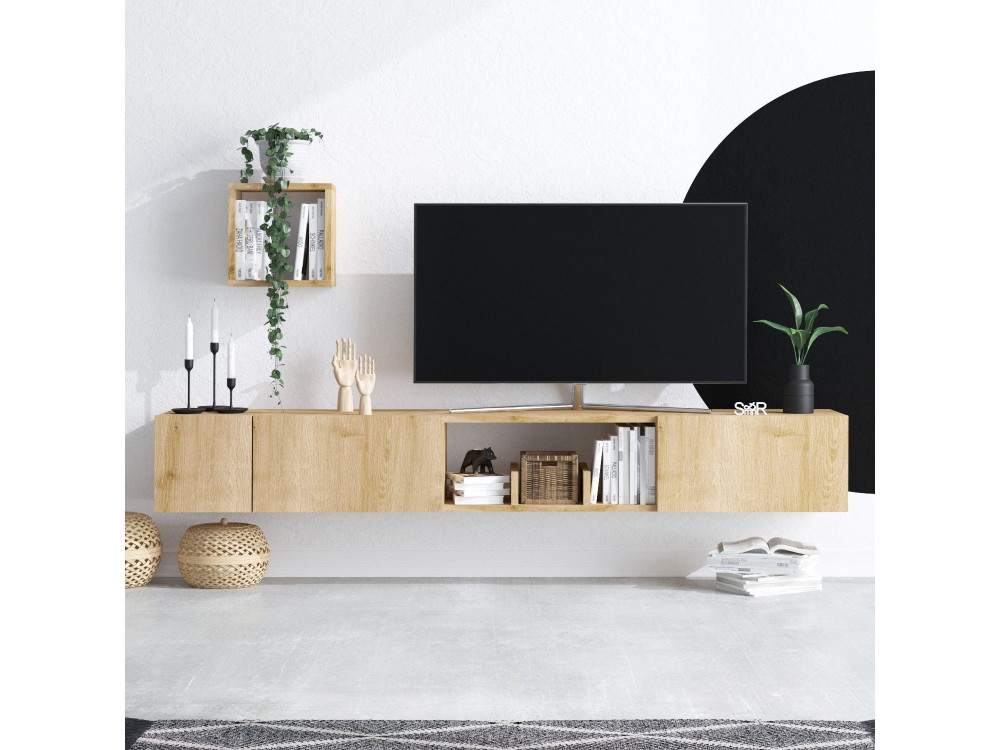 Soporte de TV de madera "Avior" con estante de pared - 180 x 32 x 25 cm - Beige