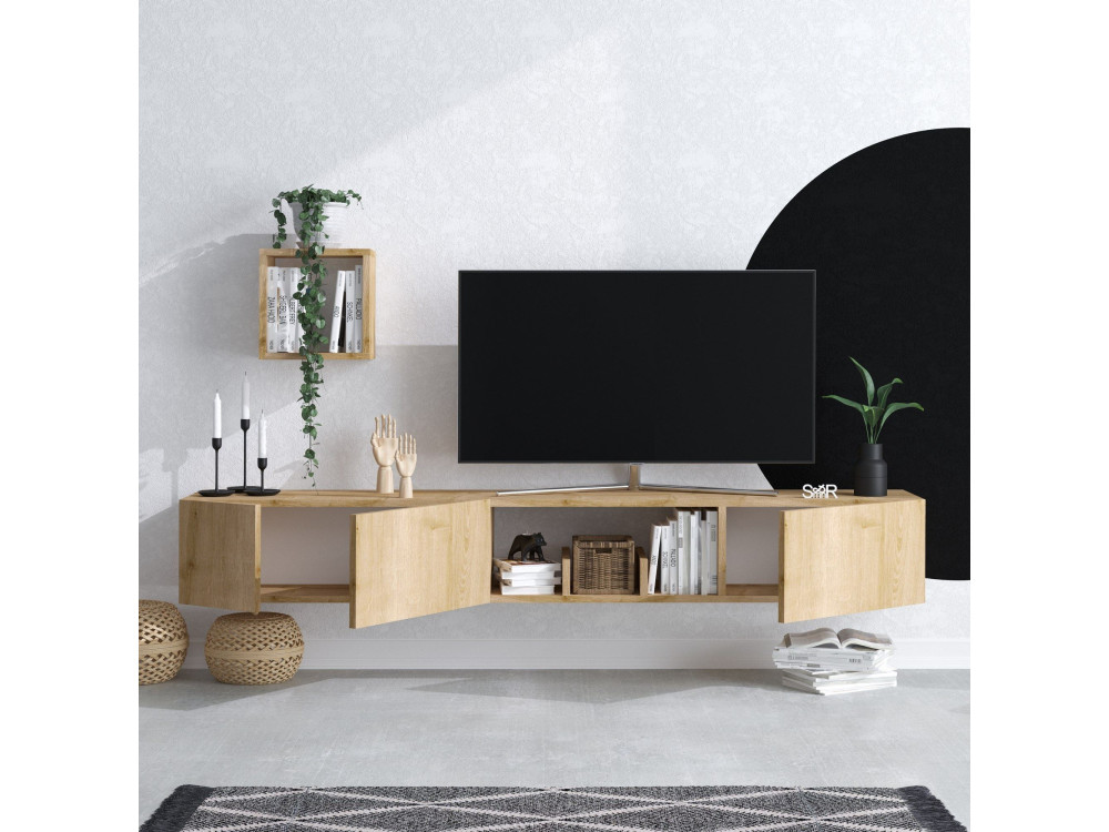 Soporte de TV de madera "Avior" con estante de pared - 180 x 32 x 25 cm - Beige