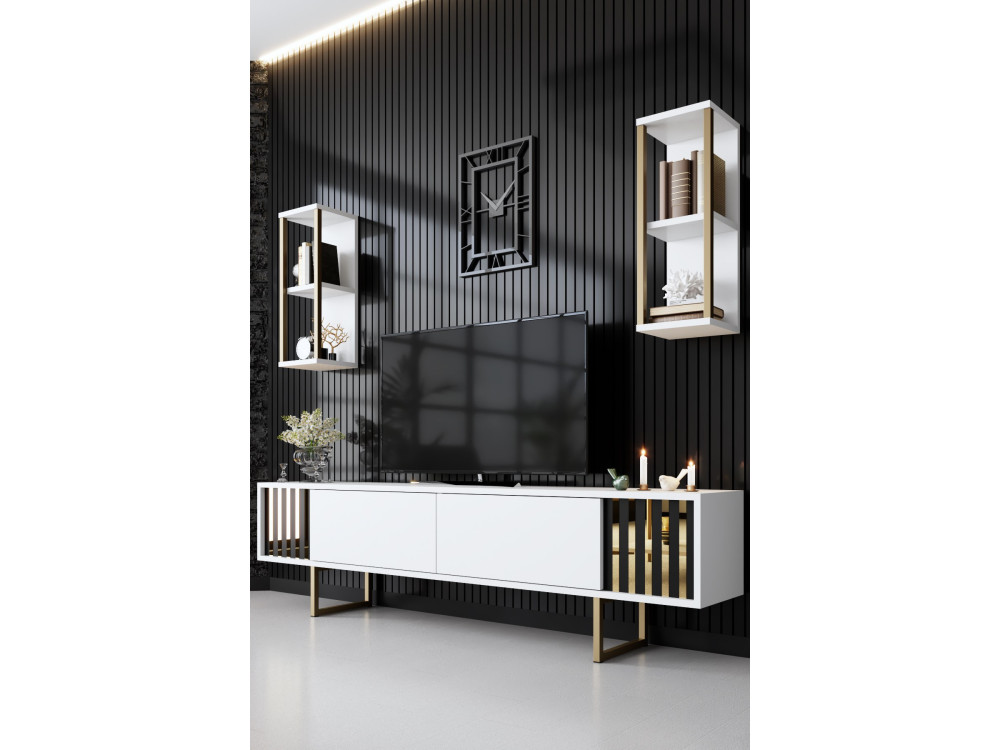 Soporte de TV de madera "Gold Line" - 180 x 30 x 48 cm - BlancoNegro