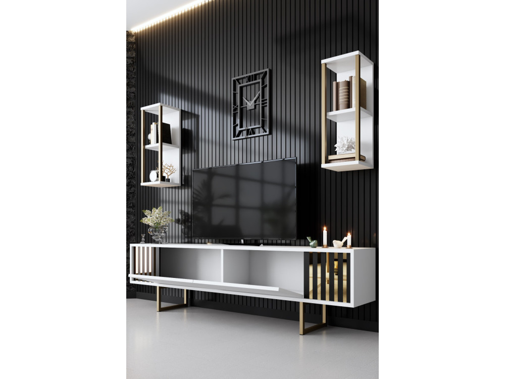 Soporte de TV de madera "Gold Line" - 180 x 30 x 48 cm - BlancoNegro