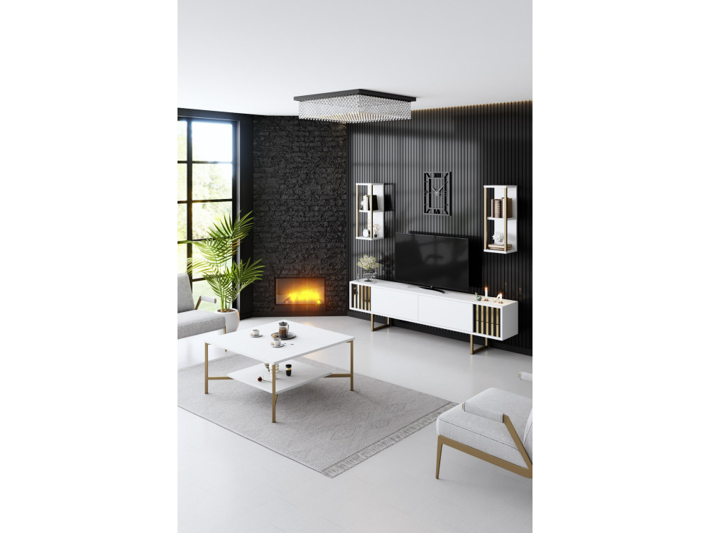 Soporte de TV de madera "Gold Line" - 180 x 30 x 48 cm - BlancoNegro