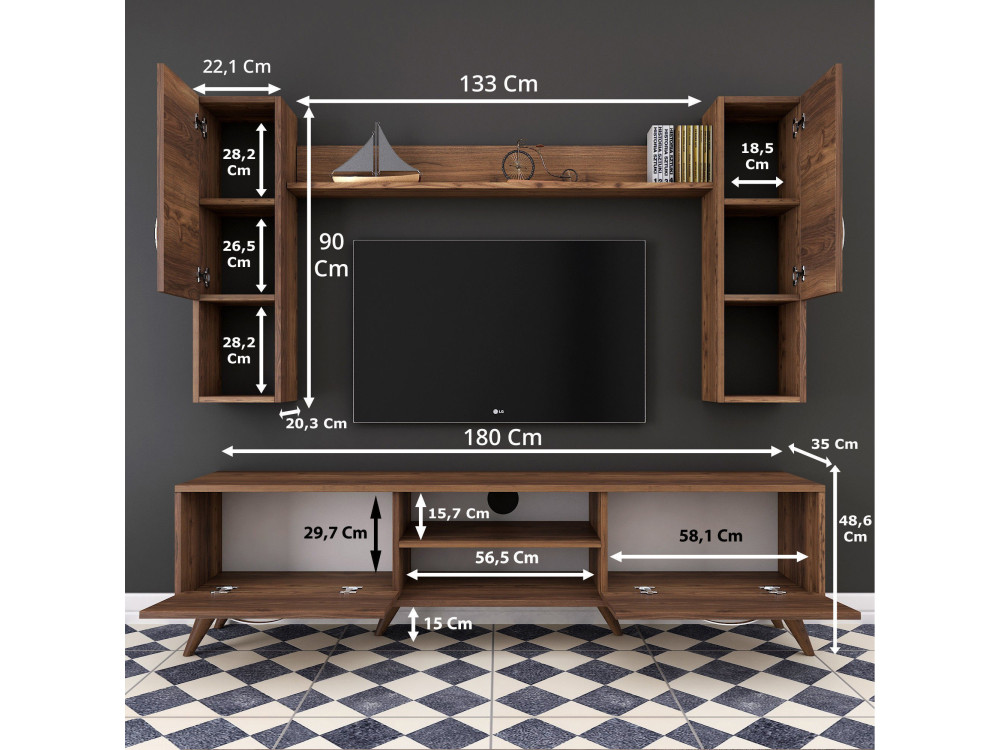 Soporte de TV de madera "Mezalun" - 180 x 35 x 48 cm - Marrón