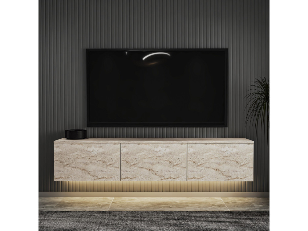 Mueble TV suspendido de madera con iluminación LED "Neon illuminated" - 160 x 32 x 35 cm - Travertino